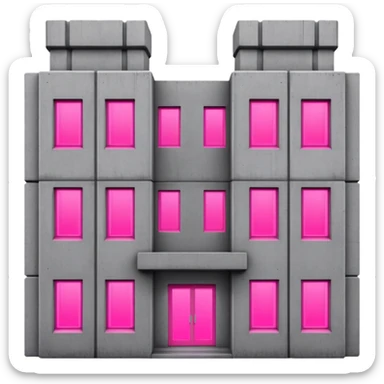 brutalist gray concrete block building with two neon pink windows and many normal windows sticker