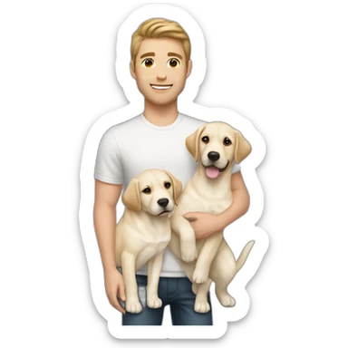 gay couple, white, the 1st is white with brunette hair and slightly-curly, the 2nd man is Australian brunette , they are holding one light yellow labrador retriever puppy sticker
