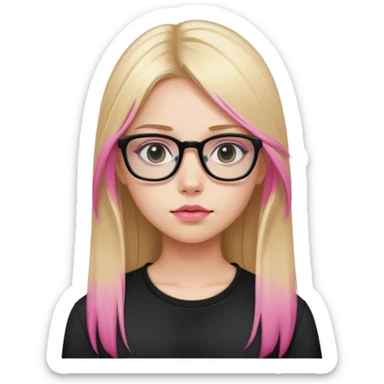 Teenage girl taking a selfie in a school bathroom. Long straight blonde hair with pink dye, rectangular glasses, black shirt, neutral expression with slightly glossy lips sticker