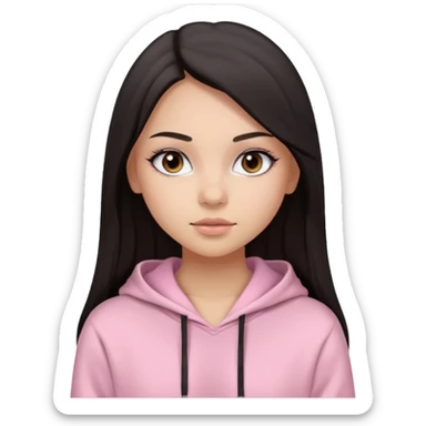 A pretty girl with light skin and long straight black brown hair, wearing a very light pink basic hoodie with brown eyes and makeup and a round face sticker