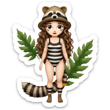 full body woman long curly brown hair brown eyes white skin tattoos wearing raccoon hat and striped leaf bodysuit sticker
