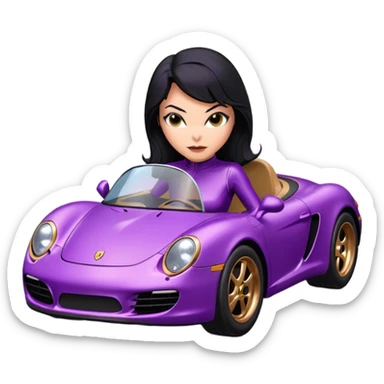BatGirl driving her satin-black and rose gold 56 Porsche spider too fast in the country despite the rainy conditions making the tires slippery sliding sideways and her black hair flutter (purple shiny latex catsuit  sticker