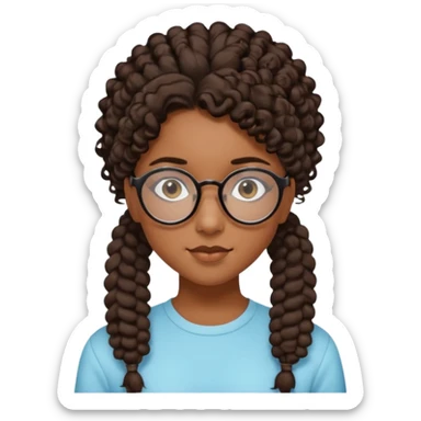 chica morena de ojos claros con gafas negras exagonales redondeadas. y pelo rizado castaño con todo el pelo recogido en una coleta .. Con todo el pelo recogido un clen look solamente una coleta tiene 16 años sticker