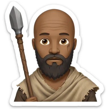 black ancient man, tattered cloth with raw stick weapon, beard and bold sticker