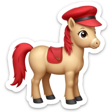 Adorable cartoon pony (small horse) emoji, full body, standing in profile view facing sideways. It has big, sparkling eyes and a friendly smile. It is wearing a cute red beret tilted to one side.  sticker