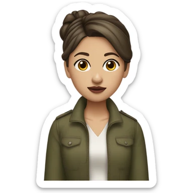 Girl with a brown hair and brown eyes. Her hair is in a bun at the back of her head. She has curtain bangs, but they’re not cover her forehead. Her lips a quite plum. Eyes are considered “tired eyes look”. She’s wearing an olive green jacket. sticker