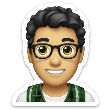 Draw a boy wearing glasses, a white T-shirt with a black plaid shirt over it, smiling, white skin, green eyes, and a nice hairstyle called “curtains” (dark black hair). hair.) sticker