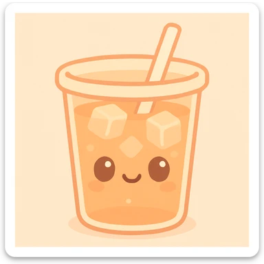 kawaii style iced tea cup with a happy face, ice cubes, and soft orange colors sticker