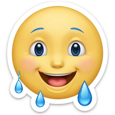 Emoji, yellow round laughing face, blue tears of joy on it. 2 big blue tears on each of the 2 cheeks sticker