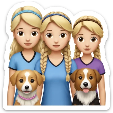 a group of 5 girls two blonde hair tied down one with a golden retriever next to her 1 blonde hair and in a braid  and one brown hair with a head band and 1 blonde hair in a small braid with a border collie next to her sticker