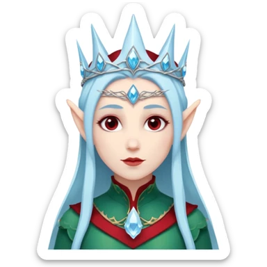 Fantasy elf portrait emoji, icy blue crystal crown with deep red accents, elegant elven features, cold noble winter expression, ice and crimson color palette, minimal clean design, flat readable emoji style, male/female variant sticker