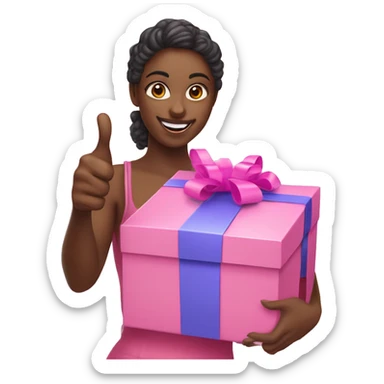 white skinned influencer advertising pink gift box in hands and thumbs up sticker