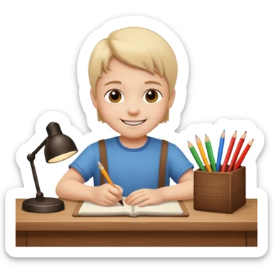 a smiling child working hard ata a desk sticker