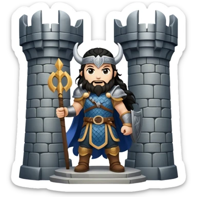 vikingo con armadura de Asgard, pelo negro ondulado, de pie, grito de guerra en torre de Asgard. sticker