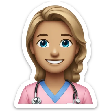 Brown wavy long hair and big blue eyes girl wearing pink scrubs smiling  sticker