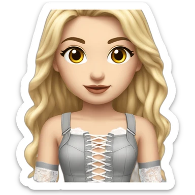 hyperrealistic caucasian blonde female, long straight hair, white lace-up crop bustier, grey tight mini skirt, full view sticker