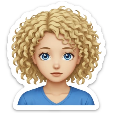 This is a 2D digital anime-style portrait of a female, caucasian, 29 years old light skin. The person has messy stray blond curly hair, round blue eyes.  sticker