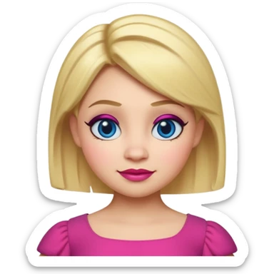 "Create an emoji-style character of Doris from Shrek — the tall barmaid with short blonde hair, bold makeup (blue eyeshadow, red lipstick), and a pink dress. Make her look confident and friendly, with a cartoonish round face and expressive emoji-like features. sticker