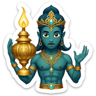mystical fantasy illustration of a powerful jinn emerging from an ancient golden lamp.  sticker