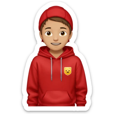 make me an emoji of an americain 15 yearold boy in a red hoodie that says "south" on it and give him with tan skin with his hands in his pockets with the sleevs pulled up grining with a jaw line sticker
