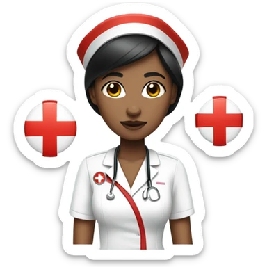 pixie cut black straight hair female nurse with red cross sign hat wearing dress
pale skin color sticker