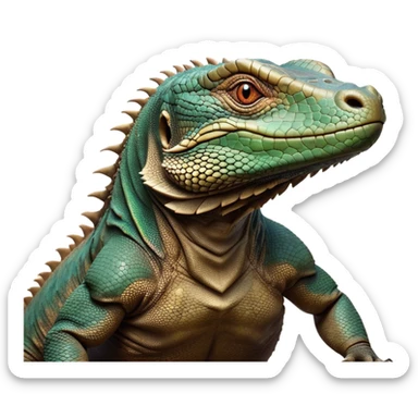 Cinematic Noble Komodo Dragon Lizard Portrait Emoji, Poised and regal, with a rugged, scaled body and powerful stance, deep-set intense eyes and textured, weathered skin, Simplified yet sharp and sophisticated features, highly detailed, glowing with a soft, ancient glow, high shine, intelligent and formidable, stylized with an air of primordial authority, focused and commanding, soft glowing outline, capturing the essence of a watchful and confident guardian that appears ready to stride out of the screen with timeless power! sticker