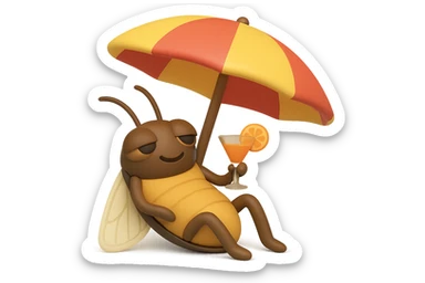 EMOJI STILE IPHONE 3D DI UNA CICALA CHE STA RILASSATA SEDUTA SOTTO L'OMBRELLONE IN SPIAGGIA CON UN COCKTAIL IN MANO sticker