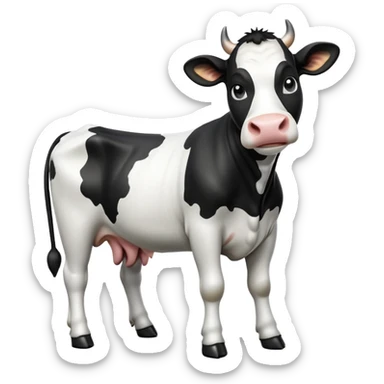 cinematic-[black and white cow]-realistic-full-body-standing-emoji,-tail-flicking-lazily,-head-tilted-dramatically,-sleek-[black and white]-coat,-simplified-yet-realistic-focused-features,-highly-detailed,-glowing-with-an-almost-sarcastic-glow sticker