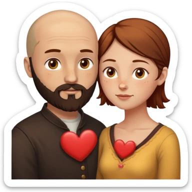 Couple. Bald man with dark brown-black beard. Woman with many small, faded, round freckles, white skin and she has auburn-yellow-brown-caramel-cinnamon dark hair. She has light yellow-brown eyes. He have hazel eyes. They look at each other. Many small red hearts around them. sticker