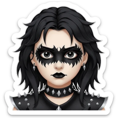 Crea una ragazza con stile black metal,  paint face black metal, capelli neri, mossi dalle spalle e occhi bianchi e un collare con borchie a punta sticker
