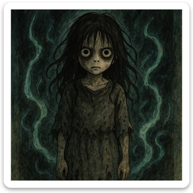 creepy girl, unsettling stare, tattered clothes, supernatural aura, horror illustration sticker