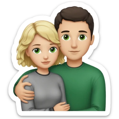 couple hugging.  girl is blonde with wavy hair. man is tall with dark hair in a crew cut. both have green eyes. both are white people. sticker