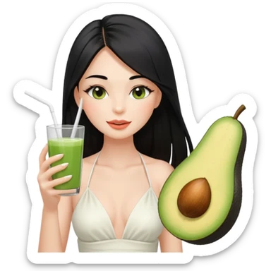 Long black hair with no bangs, very straight hair, pretty face. Wearing white plain halter top. Blushed cheeks, long lashes, nude glossy lips. One eyes with wink. One hand with avocado juice. sticker