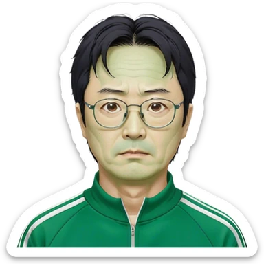 Park Ju-un is a middle-aged man, around 45 years old, green tracksuit, with tired eyes that carry the weight of a lifetime of struggles. His thin-framed glasses sit slightly crooked on his nose, one lens showing a faint crack from an earlier scuffle. His black hair, streaked with strands of gray, is unkempt and damp with sweat.

His face is gaunt, with deep wrinkles lining his forehead and around his mouth, evidence of years of stress and hardship. He wears the standard green Squid Game tracksuit (#369), but his jacket is slightly loose on his thin frame, and the collar is stained with sweat. His hands, slightly calloused from years of office work, tremble as he grips the small needle.

His posture is hunched, his movements cautious—a man who has always played life safely but now faces a game with no second chances. sticker