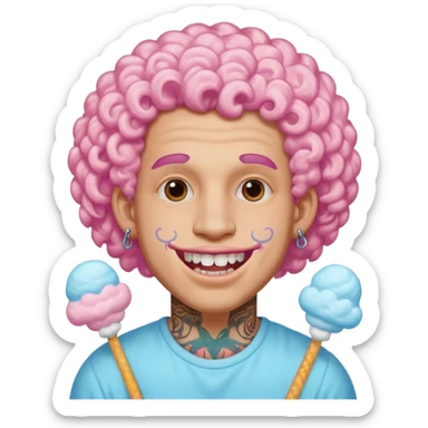 very cheerful colorful puffy curly haired man made out of cotton candy wearing teeth-braces and tattoos and face tattoos just face  sticker