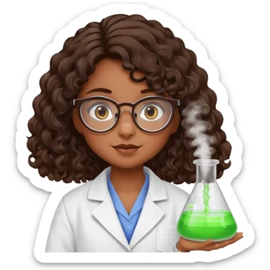 bratz doll with long loose curly dark brown hair, glasses that are round cat eye vibes, in a lab coat mixing beakers that glow shes a 4th grade girl sticker