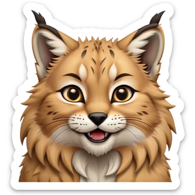 Cinematic-realistic cute-Lynx-Portrait-Emoji – Head tilted dramatically with an exaggeratedly amused expression, featuring a thick, tufted golden-brown coat with striking black ear tufts, wide, expressive amber eyes filled with playful disbelief zoomed out to show shoulders and fluffy paws sticker