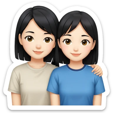 Two cute Japanese girls with straight black hair wearing modern Western clothes like t-shirts, faces pressed together cheek to cheek, smiling happily sticker