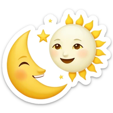 a really bright  big sun and a small moon who shines because of it. the sun is bigger and the tiny \moon bright too beside it smiling looking at each other sticker