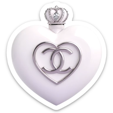Change the glossy black heart to glossy white, keep the diamond accent and silver Chanel logo, elegant, white and silver color scheme, 3D emoji style, keep the background transparent. sticker