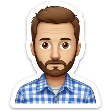 Skinny Puerto Rican man in his mid-50s with light skin. Thin face with defined features. Messy, disheveled brown hair. Untidy brown beard. Wearing a blue and white checkered button-up shirt that looks loose on his slim frame. sticker