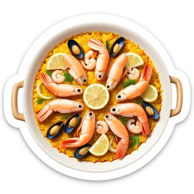 cinematic-realistic-paella-dish-emoji,-depicted-as-a-vibrant,-aromatic-rice-dish-loaded-with-seafood,-chicken,-and-saffron-rendered-with-rich-textures-and-dynamic,-warm-lighting with a lemon slice in the middle sticker