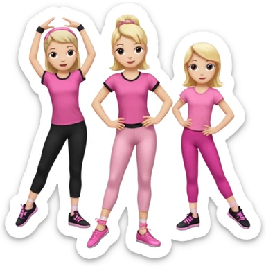 Hiphop dancer, with cute big pants, sneakers, and t-shirt. White girl blond. Coloufull shirt. No pocket pants. Dancing. Pink and black plain outfit. No sweatbands on the wrist, black music box behind her. Ballerina pose. with dancing kids behind her sticker