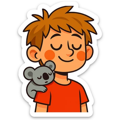 light brown messy haired boy with a very small sleepy koala on his shoulder, vibrant toon style sticker