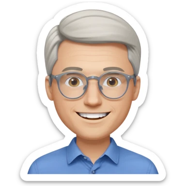 30 yr old pale white man, white/grey side swept stylish hair, round glasses, big smile, white teeth, handsome, longer hair, thin glasses, blue dress shirt sticker