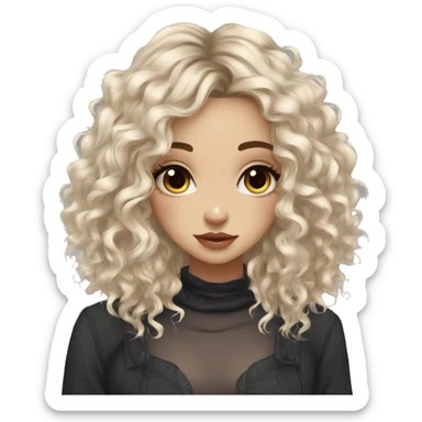 girl pretty, pale medium length curly black hair with hair layers, bangs, big hazel eyes, big lips, small nose, nose nostril piercing, three ear piercings sticker