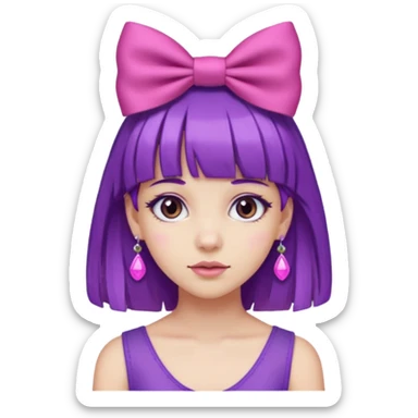 girl with bangs and purple hair and pink hairbow on the side of head and earrings sticker