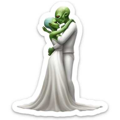 Alien reptilian woman in white dress hugs and kissing "white male human man" sticker