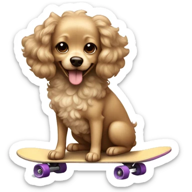 small dog with light tan curly fur, very very long ears down. dark brown eyes, mouth closed. on a skateboard sticker