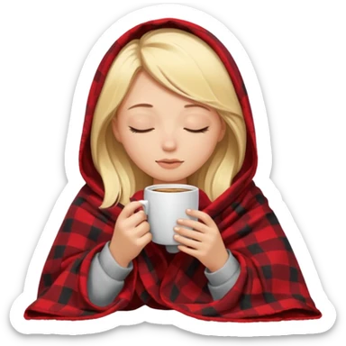 Blonde girl inside a blanket sipping coffee eyes closed sticker